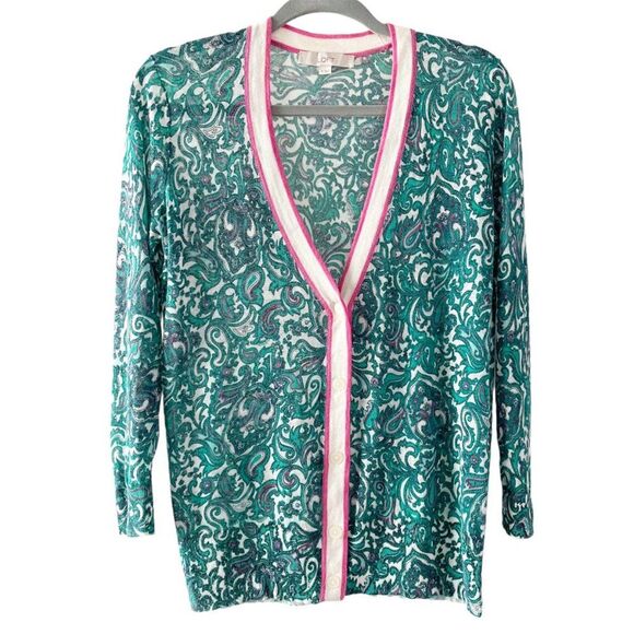LOFT Green Pink Paisley Ramie V Neck Button Front Sheer Long Sleeve Cardigan M - Picture 2 of 12